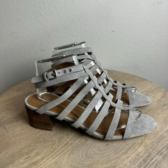 Franco Sarto Finesse Cage strappy Gladiator Sandal Sz‎ 10M Grey Suede Block Heel - Picture 1 of 10